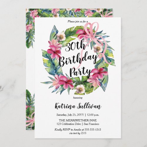 Tropical Leaves  Pink Floral 30th Birthday Party  Invitation