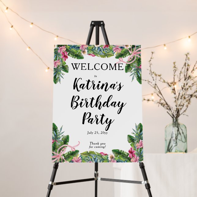 Tropical Leaves | Pink Floral Birthday Party Foam Board (In Situ (Stand))