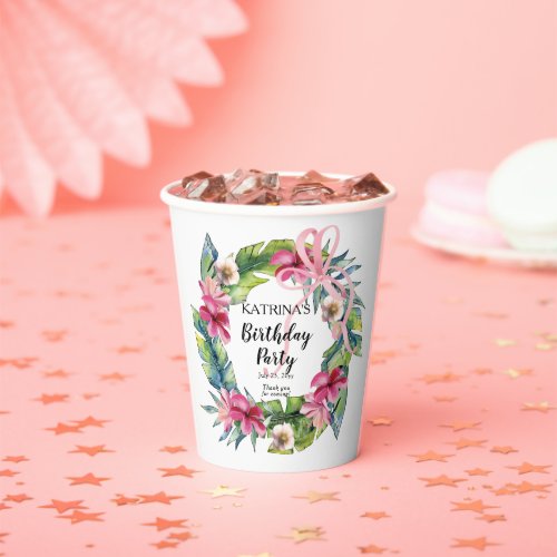 Tropical Leaves  Pink Floral Birthday Party Paper Cups