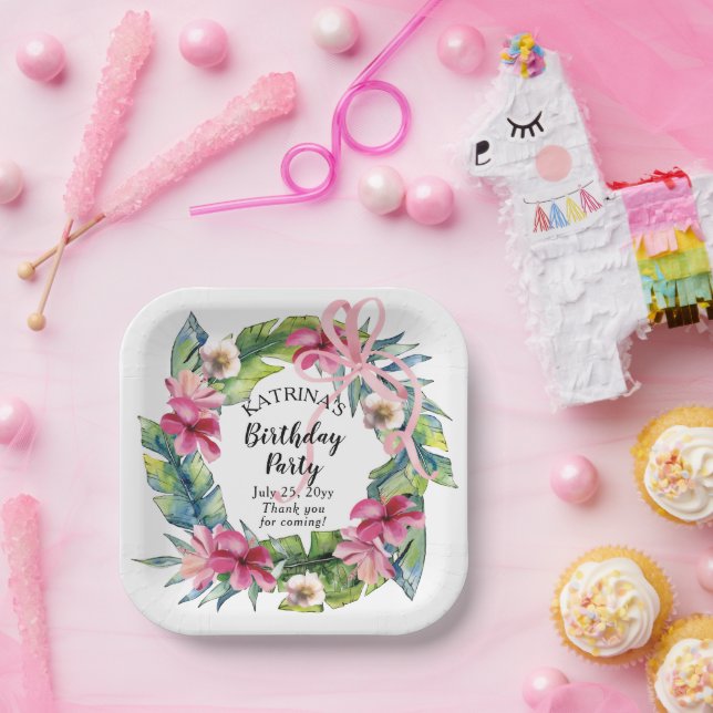 Tropical Leaves | Pink Floral Birthday Party Paper Plates (Party)