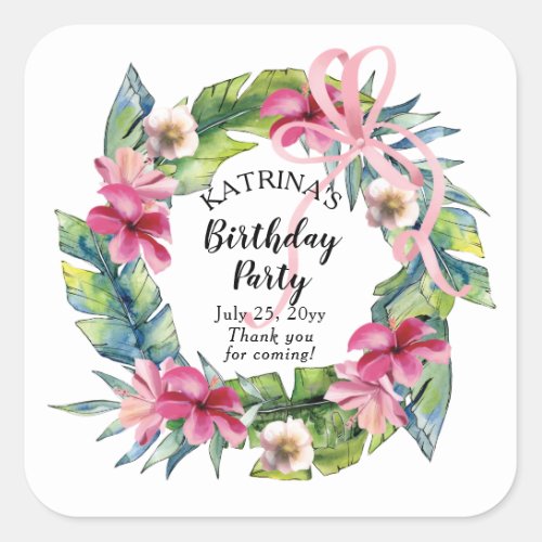 Tropical Leaves  Pink Floral Birthday Party Square Sticker