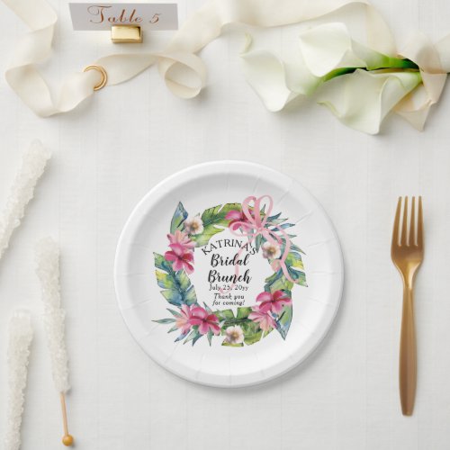 Tropical Leaves  Pink Floral Bridal Brunch  Paper Plates