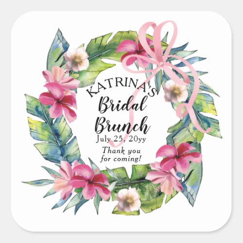 Tropical Leaves  Pink Floral Bridal Brunch Square Sticker