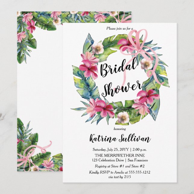 Tropical Leaves | Pink Floral Bridal Shower Invitation (Front/Back)