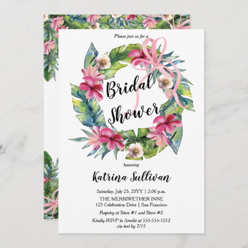 Tropical Leaves  Pink Floral Bridal Shower Invitation