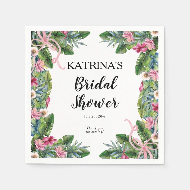 Tropical Leaves | Pink Floral Bridal Shower Napkins (Front)