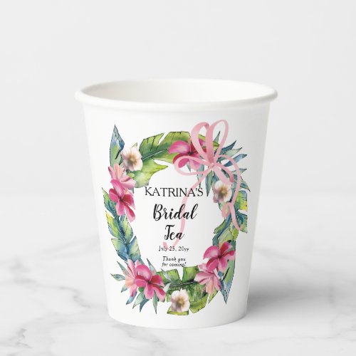 Tropical Leaves  Pink Floral Bridal Tea Shower  Paper Cups