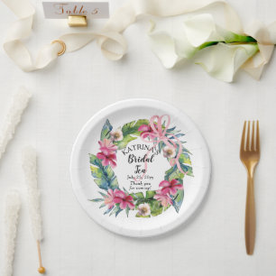 Tropical Leaves   Pink Floral Bridal Tea Shower Paper Plates