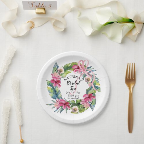 Tropical Leaves  Pink Floral Bridal Tea Shower Paper Plates