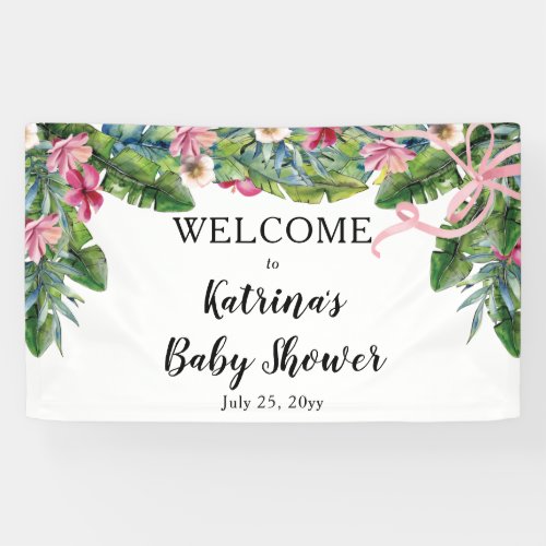 Tropical Leaves  Pink Floral Girl Baby Shower Banner