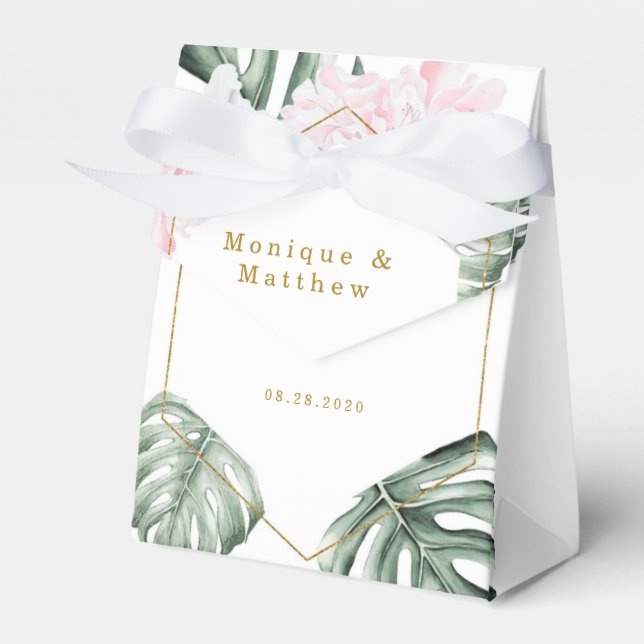 Tropical Leaves Pink Floral Gold Geometric Wedding Favor Boxes (Front Side)