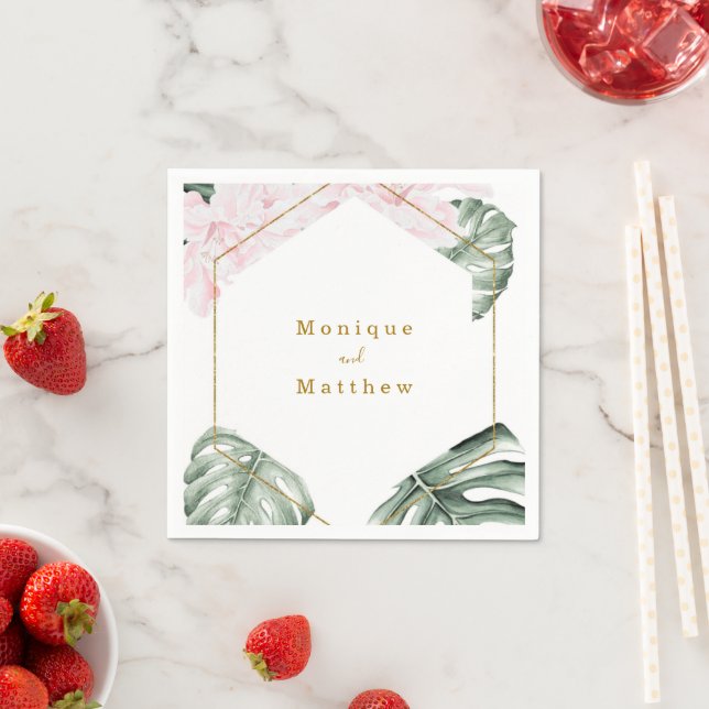 Tropical Leaves Pink Floral Gold Geometric Wedding Napkins (Insitu)