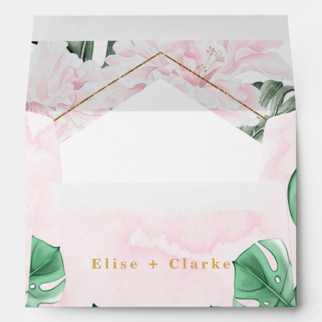 Tropical Leaves Pink Floral Gold Wedding Envelope (Back (Bottom))