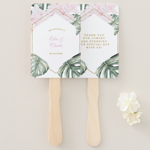 Tropical Leaves Pink Floral Gold Wedding Thank You Hand Fan