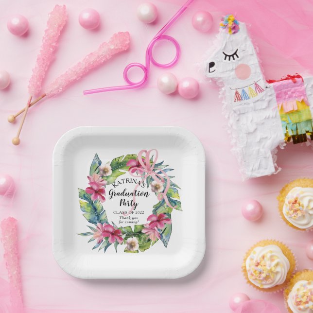 Tropical Leaves | Pink Floral Graduation Party Paper Plates (Party)