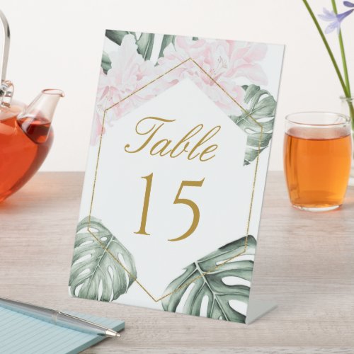 Tropical Leaves Pink Floral Wedding Table Number P Pedestal Sign