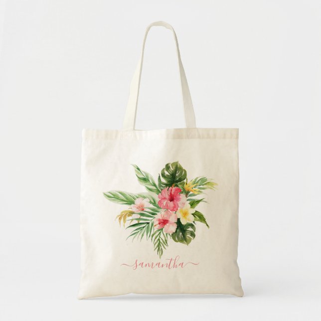 Tropical Leaves Pink Flowers Orchids Tote Bag (Front)