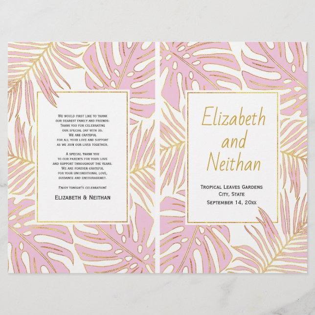 Tropical leaves pink gold bi-fold wedding program (Front)