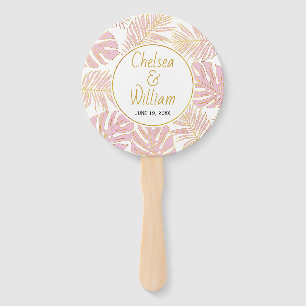 Tropical leaves pink, gold wedding round hand fan