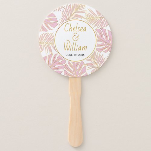 Tropical leaves pink gold wedding round hand fan