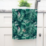 Tropical Leaves Pink & Green Monogram Tea Towel<br><div class="desc">A trendy lush greenery monogram design with large typography initials in a classic font with your name below on pink and green leaf background. Add your custom wording to this design by using the "Edit this design template" boxes on the right-hand side of the item or click the blue "Customize...</div>