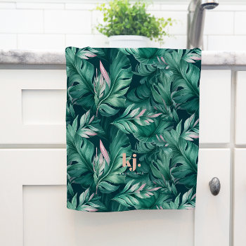 Tropical Leaves Pink & Green Monogram Tea Towel by IYHTVDesigns at Zazzle