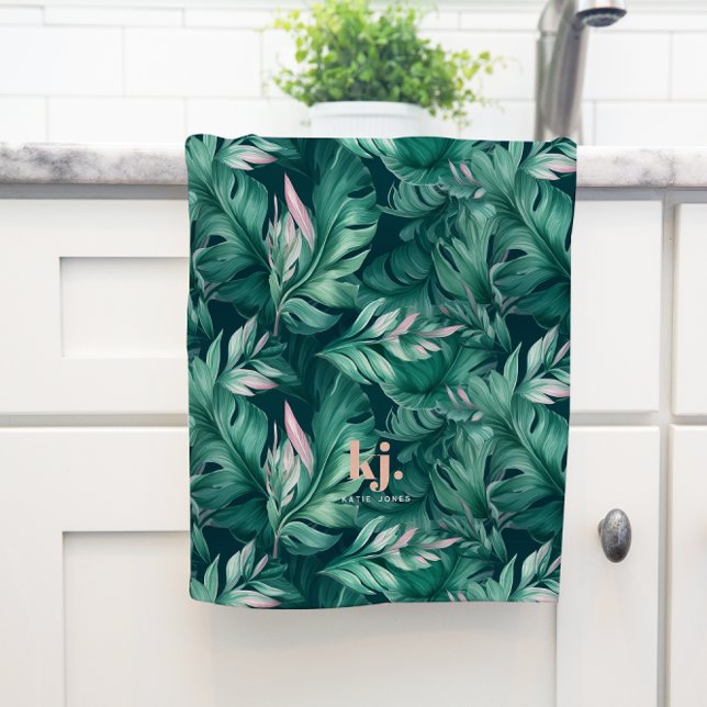 Tropical Leaves Pink & Green Monogram Tea Towel (Creator Uploaded)