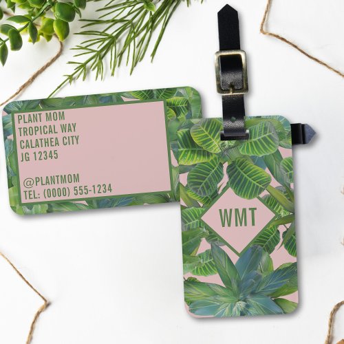 Tropical Leaves Pink Green Plants Luggage Tag