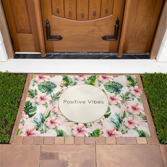 Tropical Leaves Pink Hibiscus Floral Doormat (Outdoor)