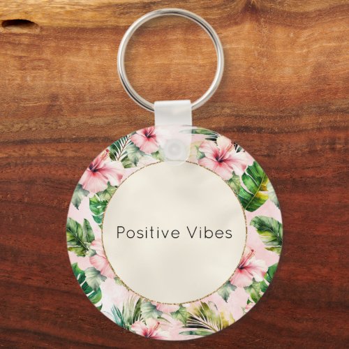 Tropical Leaves Pink Hibiscus Floral Keychain