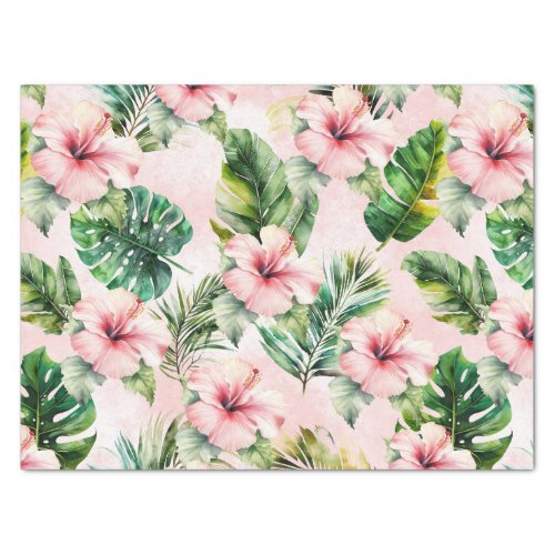 Tropical Leaves Pink Hibiscus Floral Tissue Paper