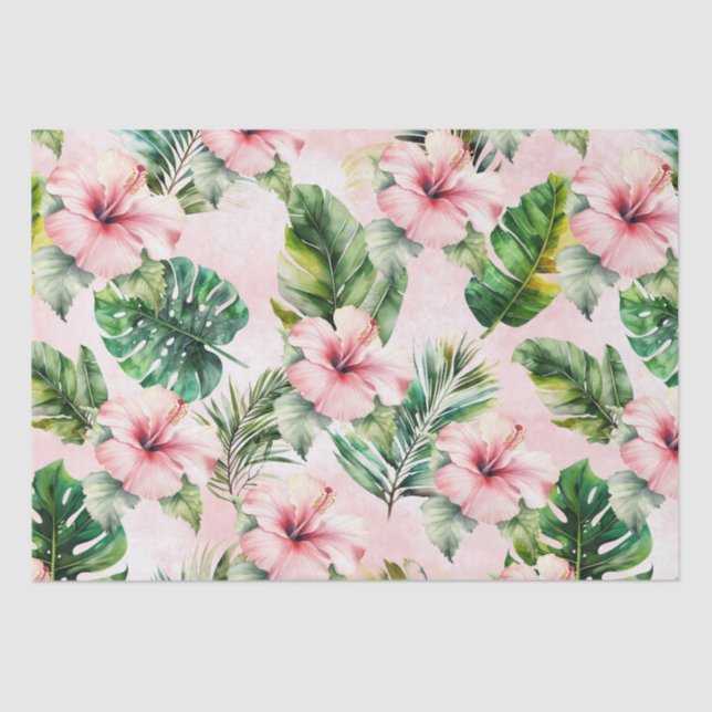 Tropical Leaves Pink Hibiscus Floral Tissue Paper (Front)