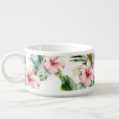 Tropical Leaves Pink Hibiscus Flowers Bowl