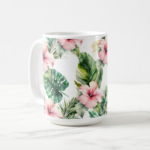 Tropical Leaves Pink Hibiscus Flowers Coffee Mug