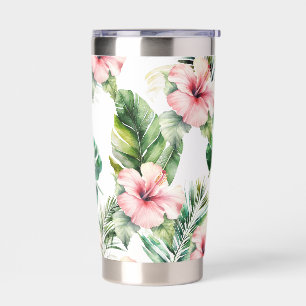 Tropical Leaves Pink Hibiscus Flowers Insulated Tumbler