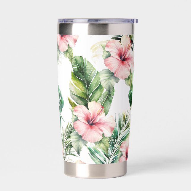 Tropical Leaves Pink Hibiscus Flowers Insulated Tumbler (Left)