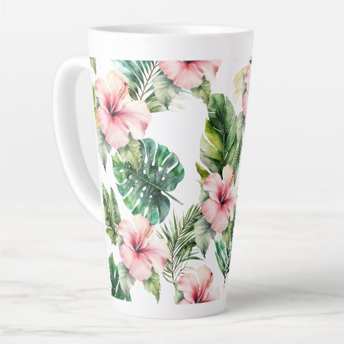 Tropical Leaves Pink Hibiscus Flowers Latte Mug