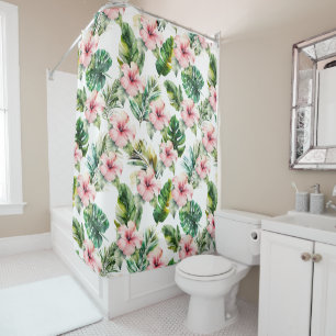 Tropical Leaves Pink Hibiscus Flowers Shower Curtain