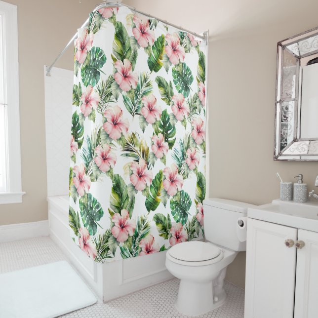 Tropical Leaves Pink Hibiscus Flowers Shower Curtain (In Situ)
