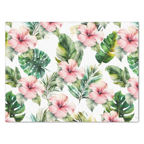 Tropical Leaves Pink Hibiscus Flowers Tissue Paper