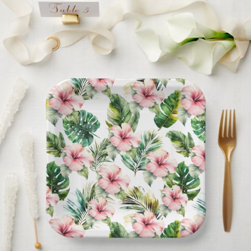 Tropical Leaves Pink Hibiscus Flowers Wedding Paper Plates