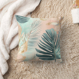 Tropical Leaves Pink Mint Green Gold Modern Throw Pillow