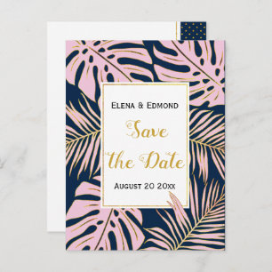 Tropical leaves pink, navy wedding Save the Date Announcement Postcard