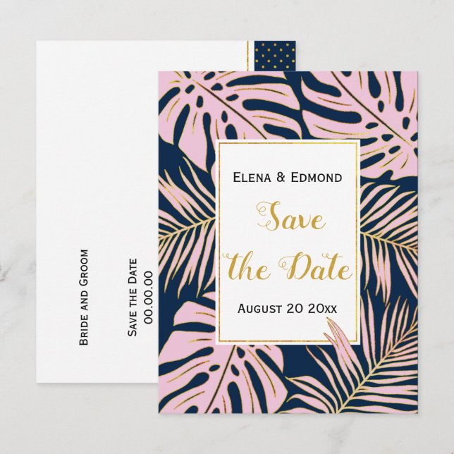 Tropical leaves pink, navy wedding Save the Date Announcement Postcard (Front/Back)