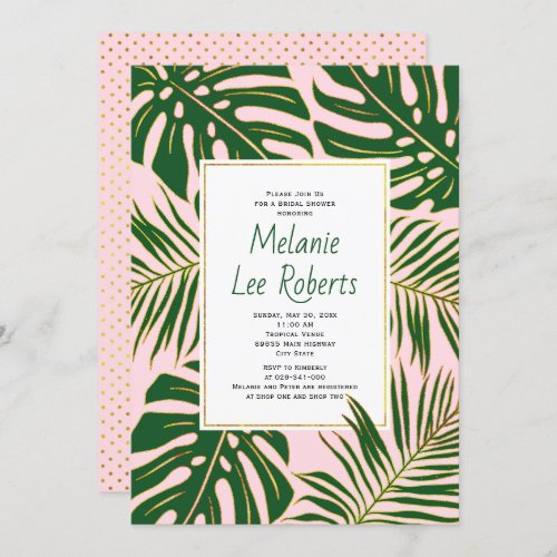 Tropical leaves pink wedding bridal shower invitation