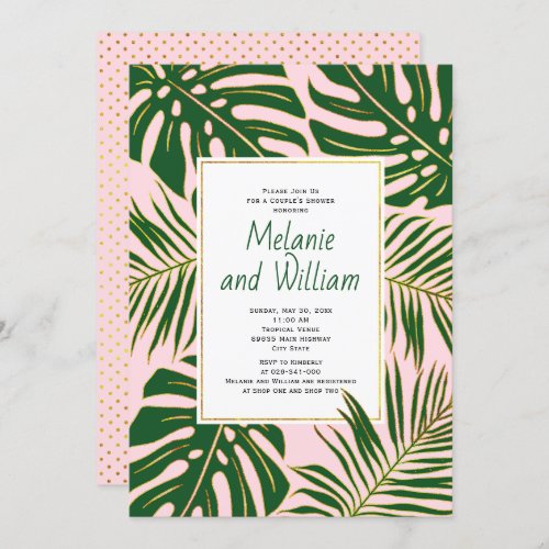 Tropical leaves pink wedding couples shower invitation