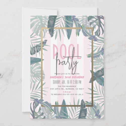 Tropical Leaves Pool Party Pink Adult Birthday Invitation