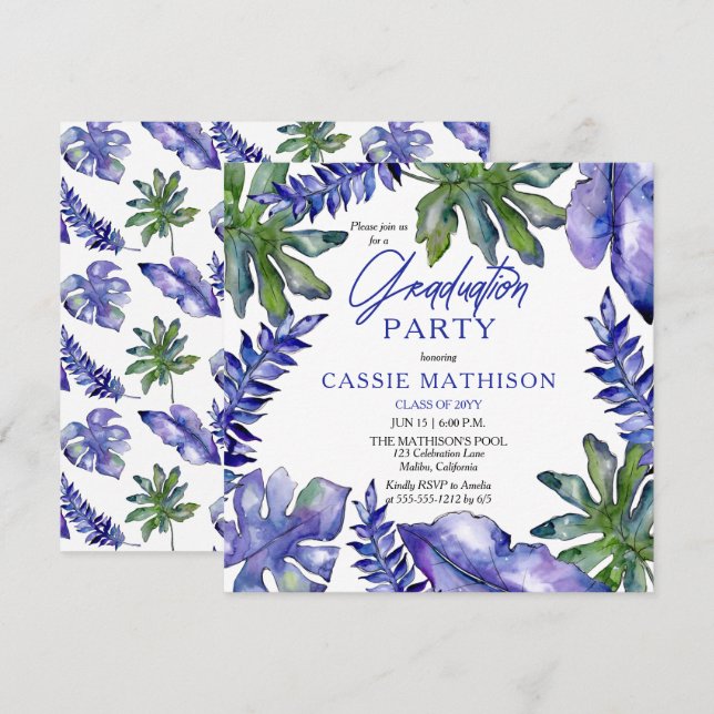 Tropical Leaves Purple | Green Graduation Party Invitation (Front/Back)
