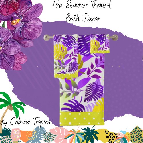 Tropical Leaves Purple Mauve Lemon Lime Trim  Bath Towel Set