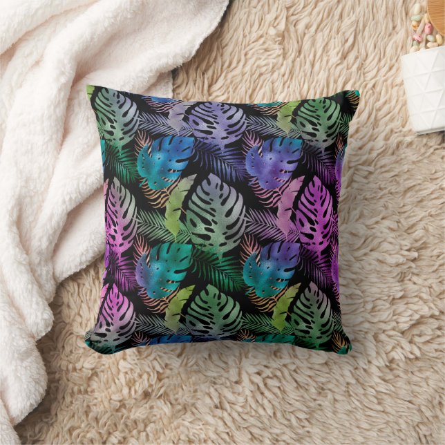 Tropical Leaves Purple Teal Black Iridescent Throw Pillow (Blanket)